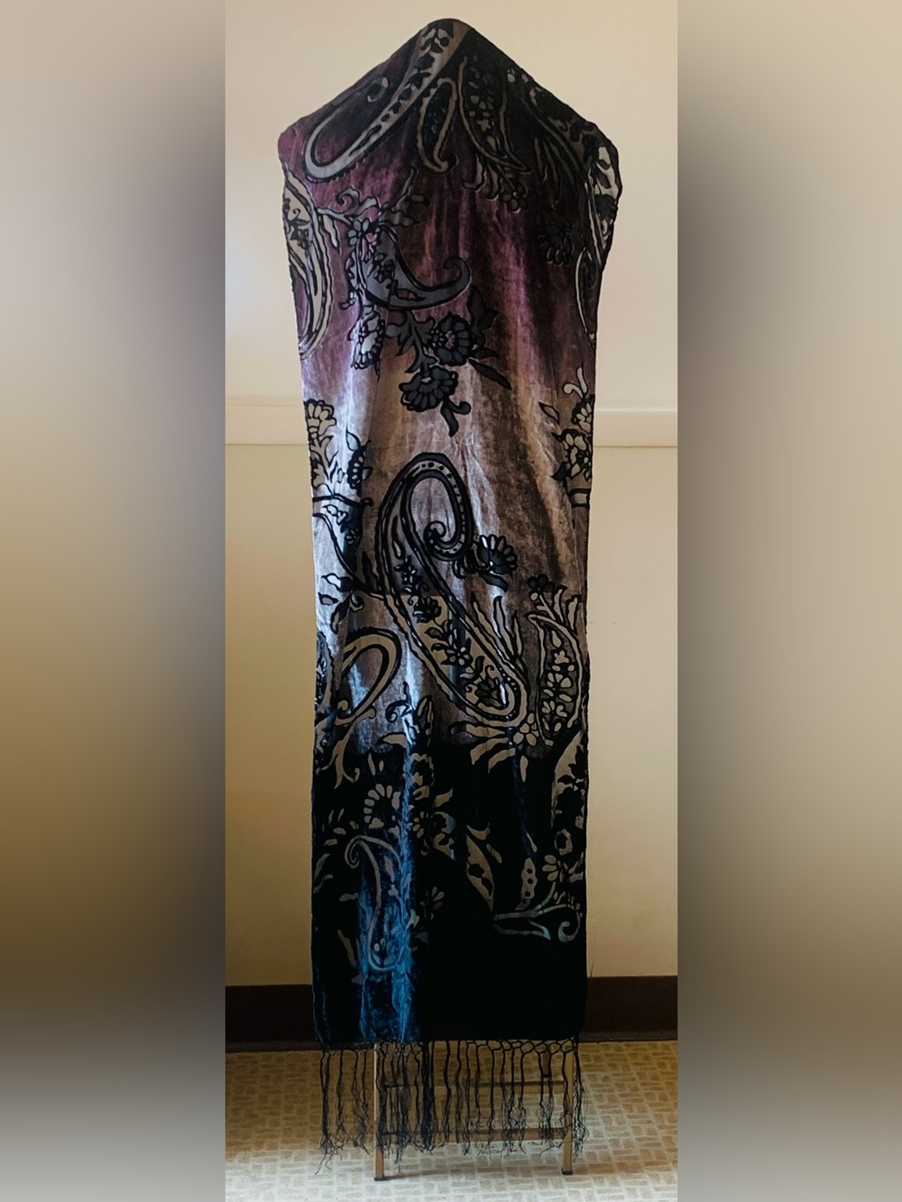 Velvet Burnout Paisley Fringe Scarf/ Shawl - Black and Purple